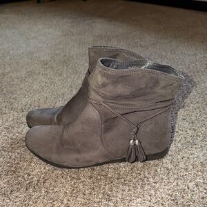 Suede-Look Gray Ankle Booties with Tassel Wrap